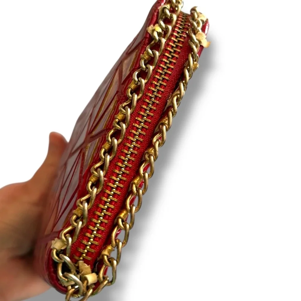 Red Patent Geometric Quilted Zip Around Wallet with Gold‎ Chain Trim Detail